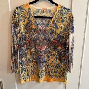 Reba Yellow and Blue Patterned Long Sleeve Top